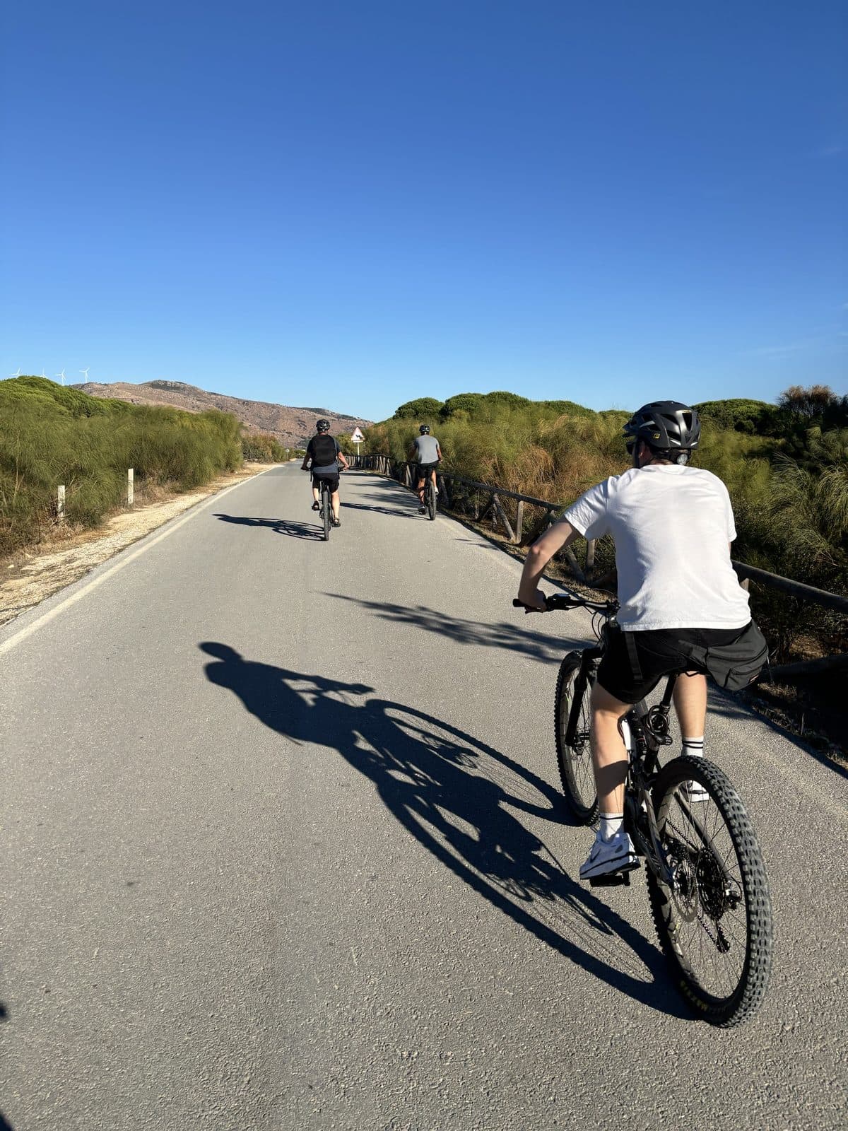 Radfahrer auf einer Straße zwischen grünen Hügeln